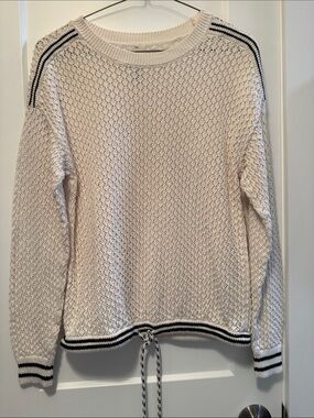 Lou & Grey Women's Cream Knit Crewneck Open Knit Sweater Black Stripe size S